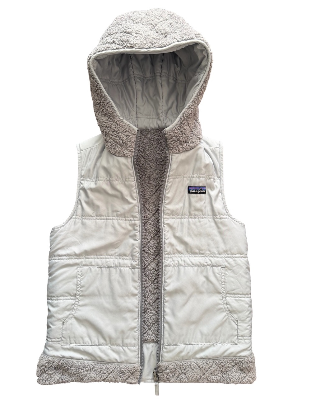 Women’s Patagonia Cozy Reversible grey heathered sherpa Vest w/ Hood Size S 2in1